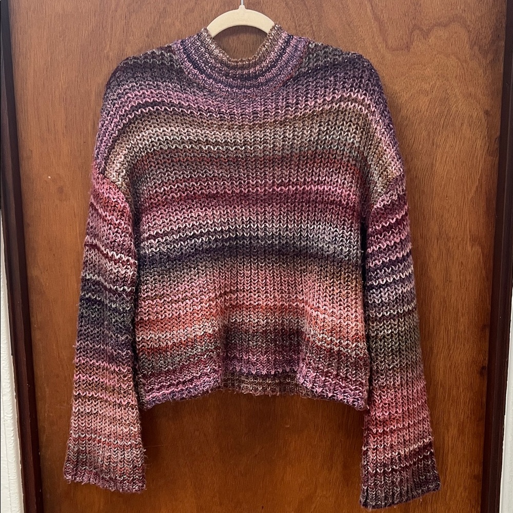 Purple-Multi Striped Women's Cropped Yarn Sweater L 🧶